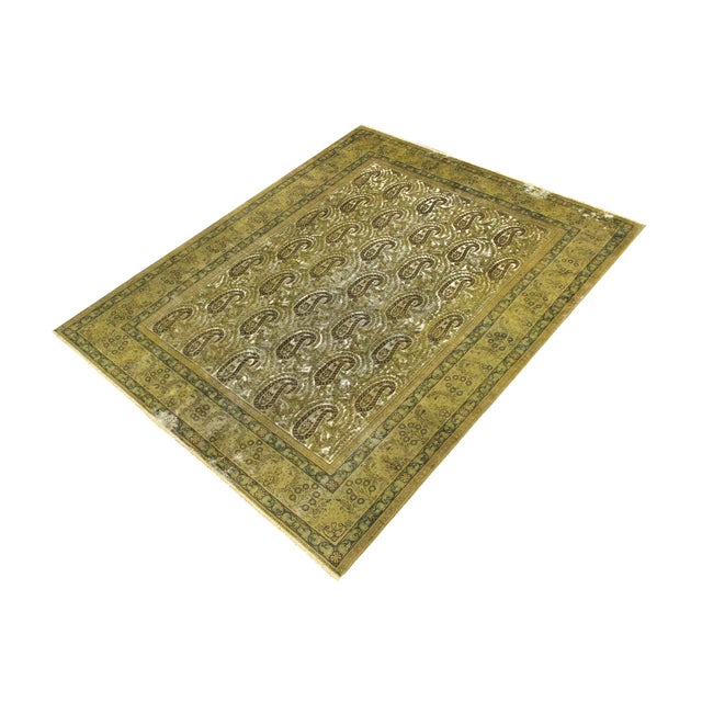 Boho Chic Retro Persian No Pile Green/Brown Wool Rug - 7'8'' X 9'9'' For Sale - Image 3 of 10