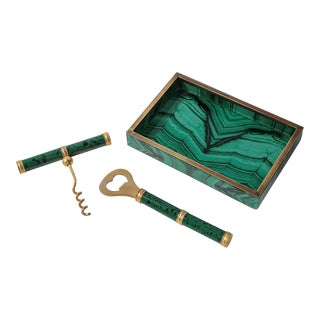 Mid-Century Modernist Faux Malachite & Brass Bottle Opener, Corkscrew & Tray Set For Sale