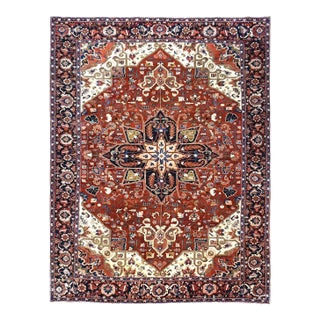 Vintage Persian Heriz 10x13 Red, Navy, & Ivory Handmade Area Rug #9901667 For Sale