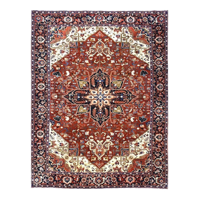 Vintage Persian Heriz 10x13 Red, Navy, & Ivory Handmade Area Rug #9901667 For Sale