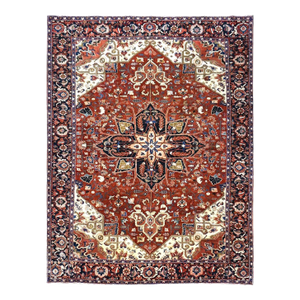 Vintage Persian Heriz 10x13 Red, Navy, & Ivory Handmade Area Rug #9901667