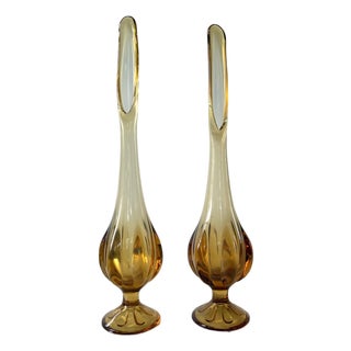 Pair Viking Swung Vases, Amber Color Glass For Sale