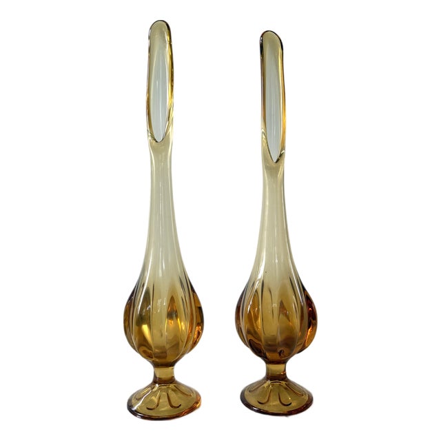 Pair Viking Swung Vases, Amber Color Glass For Sale