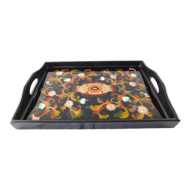 Vintage Hand Painted Black Lacquer Floral Wood Serving Tray With Handles For Sale