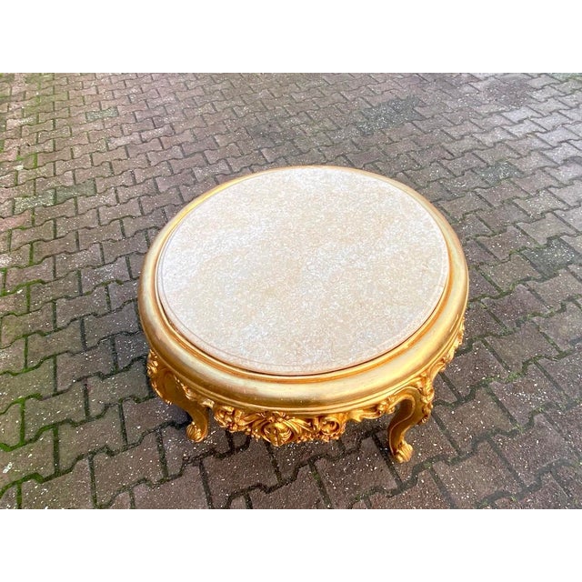 Vintage 1960s French Louis XVI Gilded Beech Coffee Table With Beige Marble Top For Sale - Image 10 of 12