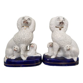 Victorian Staffordshire Poodle Family on Cobalt Bases, 1870s, Set of 2 For Sale