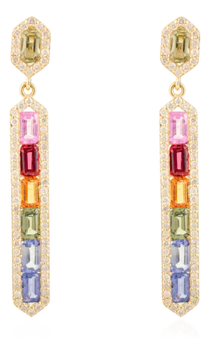 14k Gold Rainbow Baguette Sapphire Pride Earrings- A Pair