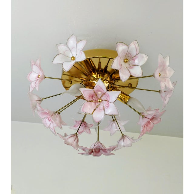 Murano Style Flush Mount Pink Flower Ceiling Light Glass Chandelier For Sale - Image 11 of 13