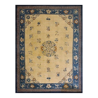1920s Antique Chinese Peking Chinese Floral Medallion Deco Ivory Rug For Sale