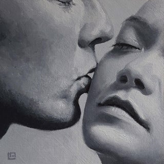 The Kiss #1 by Linda Delahaye | Oil on Panel Close-up of a couple kissing For Sale