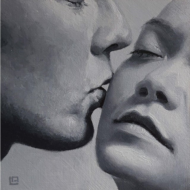The Kiss #1 by Linda Delahaye | Oil on Panel Close-up of a couple kissing For Sale