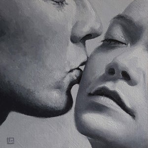 The Kiss #1 by Linda Delahaye | Oil on Panel Close-up of a couple kissing