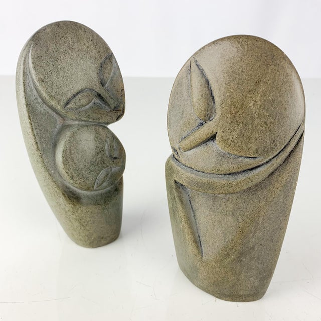 African Vintage Pair African Art Shona Stone Sculptures Faces Mother Child Head in Hand For Sale - Image 3 of 12