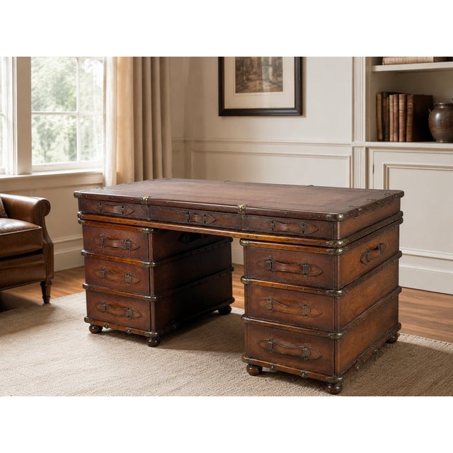 Brown British Colonial Faux Luggage Campaign-Style Kneehole Desk For Sale - Image 8 of 8