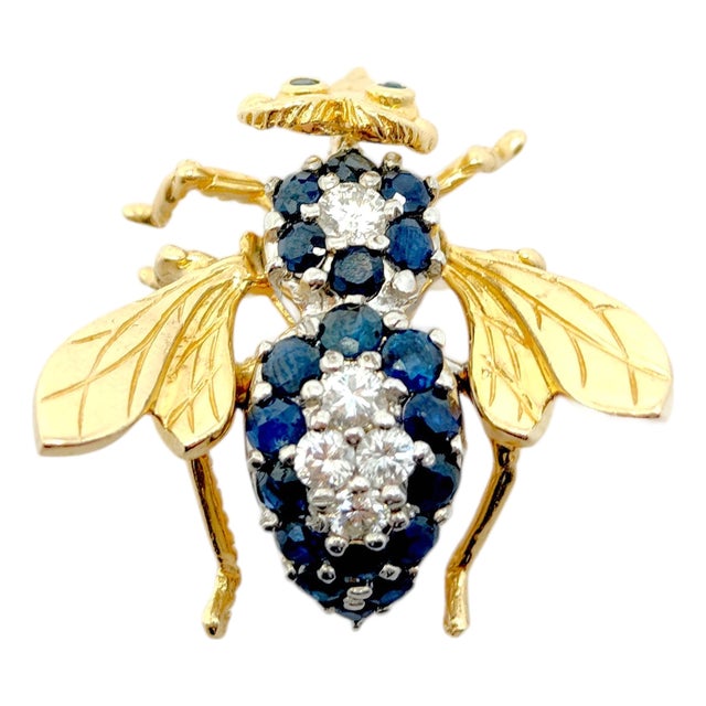 Vintage 14k Yellow Gold Sapphire & Diamond Fly Brooch For Sale