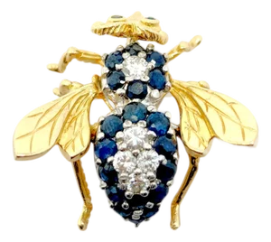 Vintage 14k Yellow Gold Sapphire & Diamond Fly Brooch