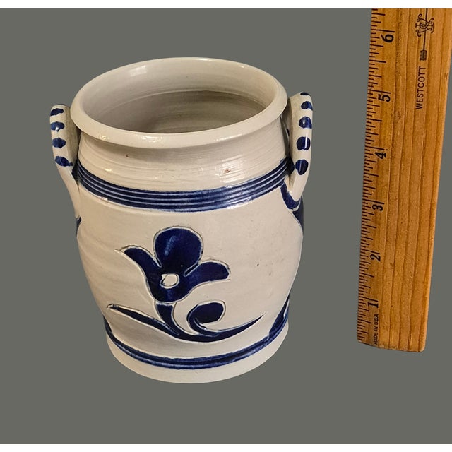 Williamsburg Pottery Salt Glazed Blue Floral Two Handle Jar Marked For Sale - Image 4 of 7