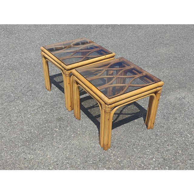 Vintage Boho Bamboo Rattan Table Set- Set of Three For Sale - Image 4 of 12