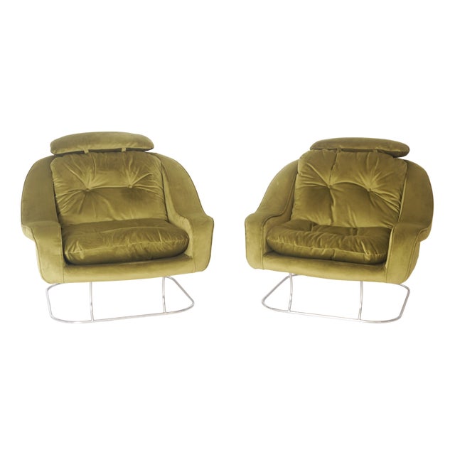 Set of Green Velvet Armchairs, 1970s For Sale