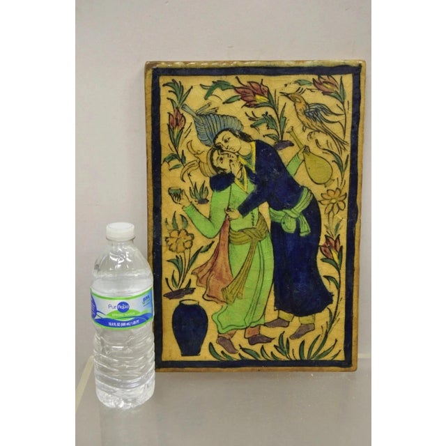 Antique Persian Iznik Qajar Style Ceramic Pottery Tile Blue Man Woman Kissing C2. Item features original crackle glazed...
