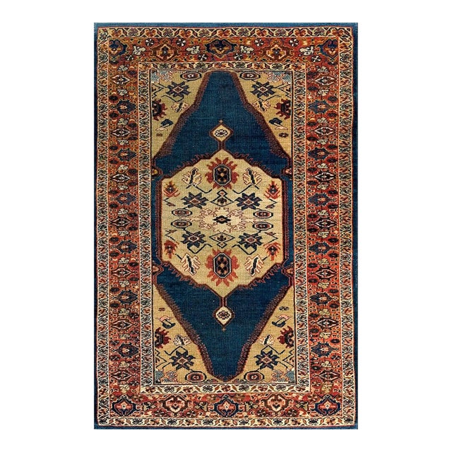 1880s Blue Navy - Camel Medallion Antique Persian Sultanabad Rug 4'5" X 6'9" Handknotted Wool Carpet For Sale