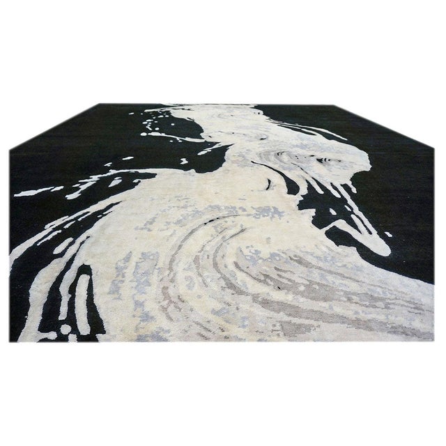 Early 21st Century Indo-Napalese Modern Wave Wool & Silk 9x13 Black & White Wave Design Handmade Area Rug #1144031 For Sale - Image 5 of 6