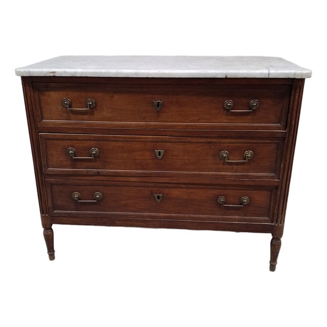 Late 18th Century French Louis XVI Walnut Commode With Marble Top For Sale