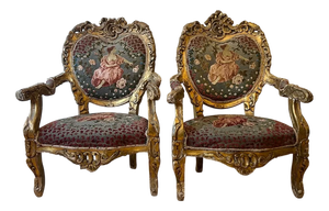 Antique Louis XV Style Gilt Wood Throne Chairs with Floral and Maid Tapestry Seats, 1890s, Set of 2