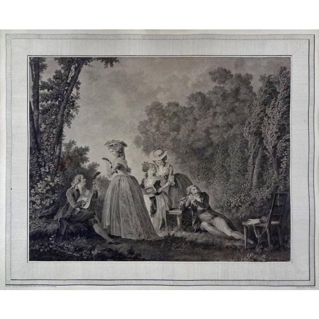 French Country Antique 18th C French Engravings Musical Garden Concert Scenes After Lavrience Gustavian Decor - A Pair For Sale - Image 3 of 7