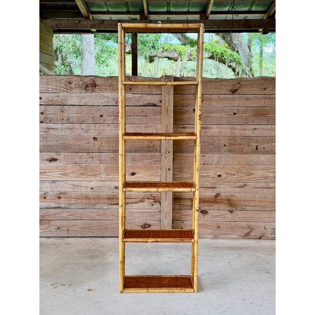 Vintage Tall Rattan and Woven Cane Wall-Mounted Étagère Shelf For Sale - Image 4 of 12
