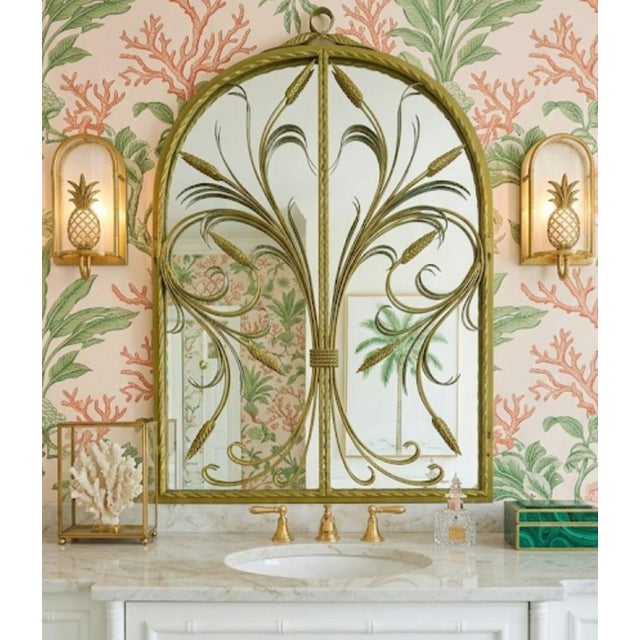 Hollywood Regency Vintage Lime Green Metal Tole Palm Leaf Sheaf of Wheat Regency Oval Wall Mirror For Sale - Image 3 of 9