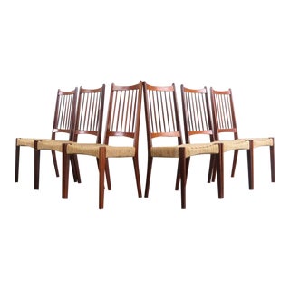 Danish Modern Teak Spindle Back Dining Chairs with Paper Cord, Set of 6 For Sale