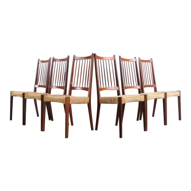 Danish Modern Teak Spindle Back Dining Chairs with Paper Cord, Set of 6 For Sale