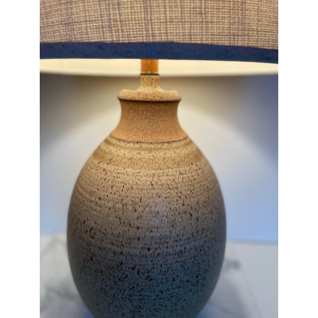 1977 Signed Handmade Ceramic & Wood Table Lamp — Unglazed + Speckled Glaze, Vintage Studio Craft For Sale - Image 4 of 9