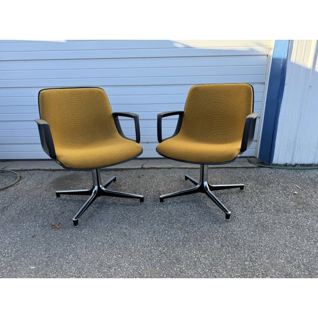 Yellow Pair of Mid-Century Modern Chrome Open Arm Chairs For Sale - Image 8 of 9