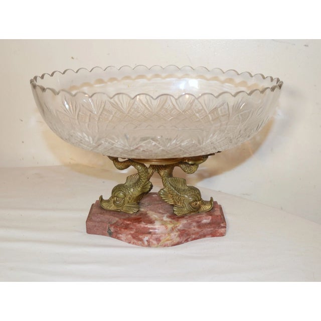 Metal Antique Dore Bronze Marble Victorian Centerpiece Jardiniere Cut Crystal Bowl For Sale - Image 7 of 12