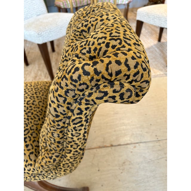 Plush vintage chenille leopard print classic French style bench having lovely splayed legs and tufted curved sides.
