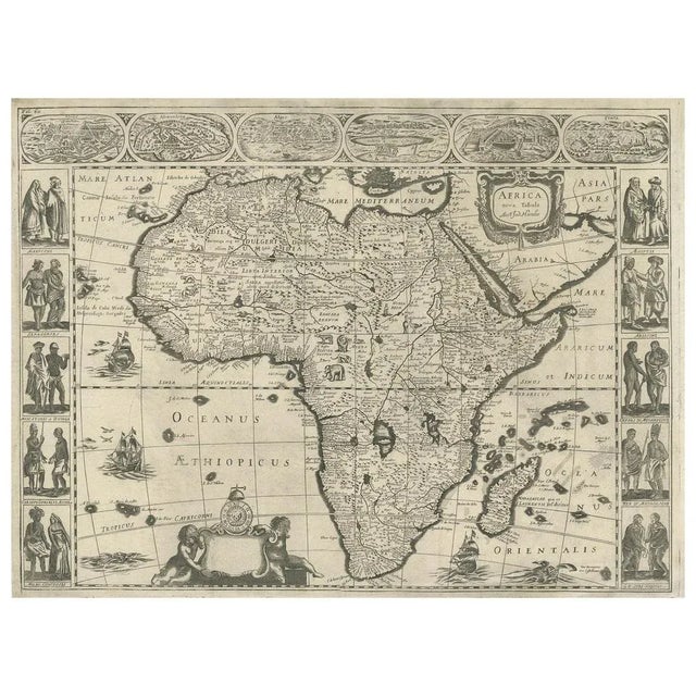 Antique map titled 'Africa Nova Tabula Auct Jud. Hondio'. Beautiful and rare paneled map of Africa, Based Upon Hondius'...