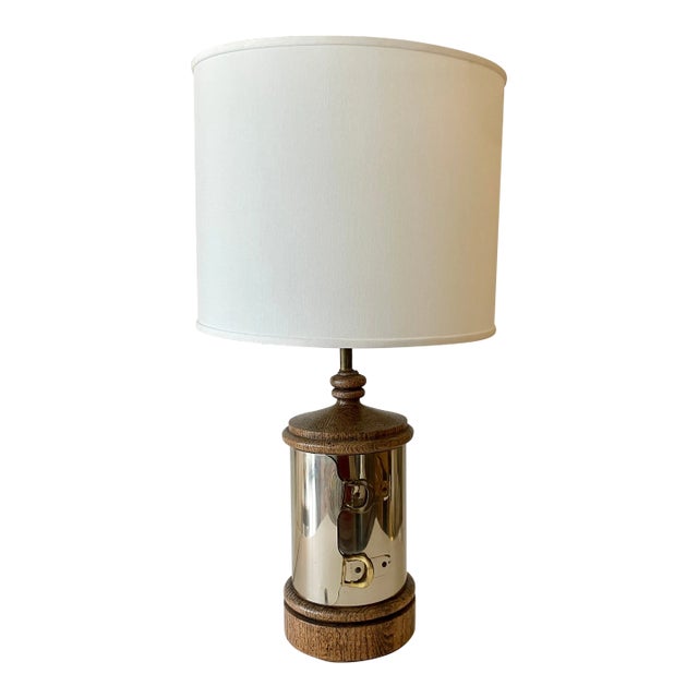 Maria Pergay Style Wood, Chrome & Brass Double Buckle Table Lamp From 70's For Sale