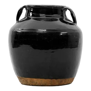 Mid-Century Vintage Black Porcelain Jar With Handles