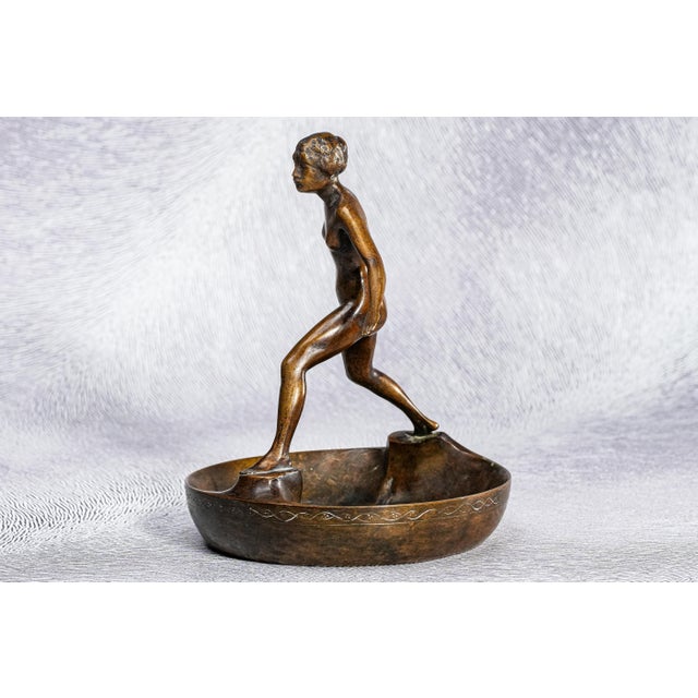 Art Deco Antique Bronze Artist Signed Nude Female Form Sculpture Statue Bowl Catchall Dish For Sale - Image 15 of 17