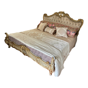 Vintage Italian Bed Frame Hand-Carved Gilded Painted Tufted Headboard Footboard Rails