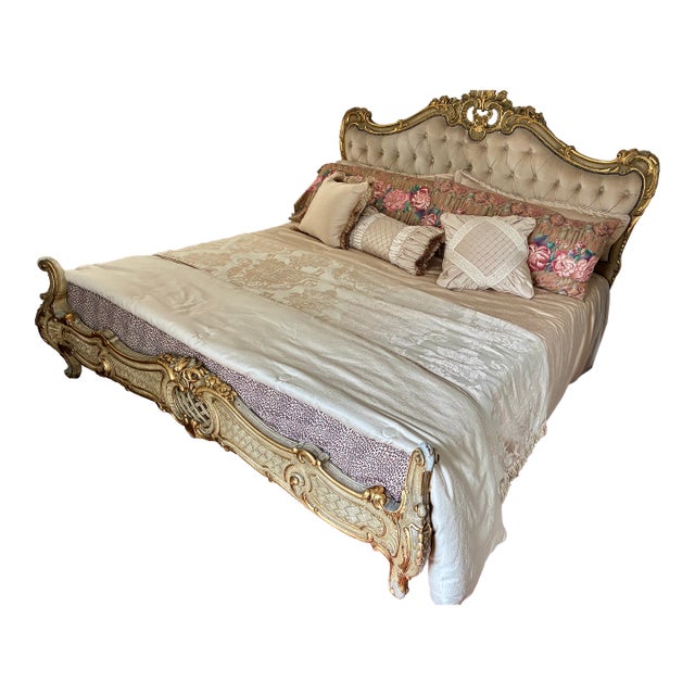 Vintage Italian Carved Painted Bed Frame Tufted Headboard Footboard Rails For Sale