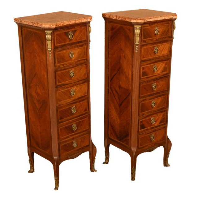 Pair Antique French Semainier Ormolu Inlaid Lingerie Marble Chests Dressers 1900 For Sale - Image 4 of 18