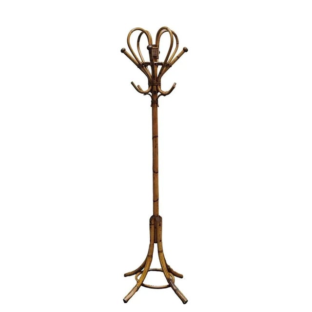 Bamboo continental coat rack and hat rack, dating from the mid-20th century, around 1960. The bamboo has a beautiful color...