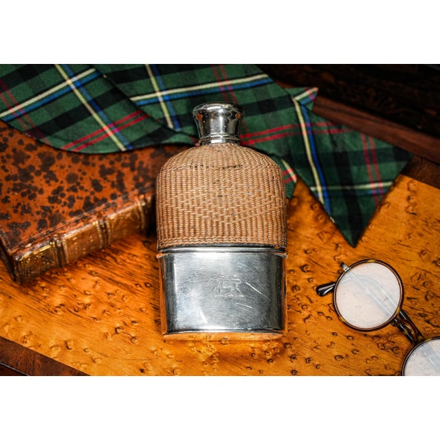 Silver Charming Antique Sterling Silver Woven Rattan Victorian Armorial Coat of Arms Hip Flask For Sale - Image 8 of 12