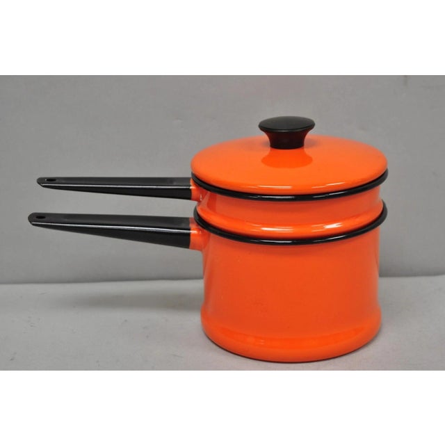 Vintage Enamel Orange & Black Metal Double Boiler Nesting Pot W/ Lid For Sale - Image 13 of 13
