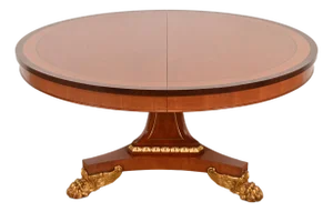 1980s Baker Furniture Regency Cherry Wood and Parcel Gilt Paw Foot Pedestal Extension Dining Table, Newly Refinished