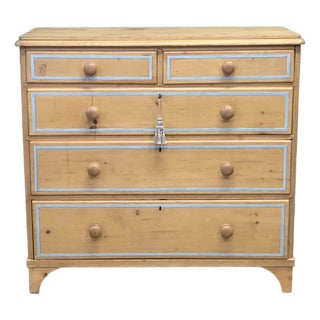 Antique English Edwardian Natural Pine Chest of Drawers With Blue French Line For Sale