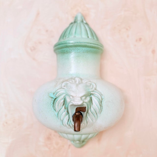 Rustic European Vintage Royal Haeger Mint Green Lion Head Wall Lavabo – 1960s Mediterranean Revival Ceramic Fountain For Sale - Image 3 of 9